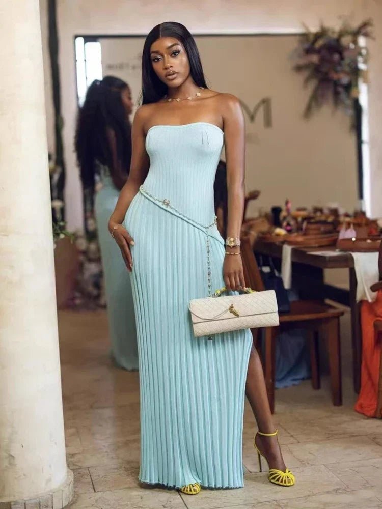 knit maxi dress with slit Isadora Strapless Side-Slit Knit Maxi Dress in Blue, summer 2026 dress, Strapless Maxi dress, side slit evening gown, women's dress, SOERA