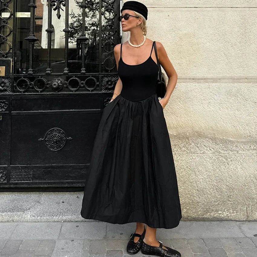 Jesse Spaghetti Strap Drop Waist Midi Dress in Black, Women's Spaghetti Strap Drop Waist Midi Dress, Fitted Bodice Formal Casual, SOERA