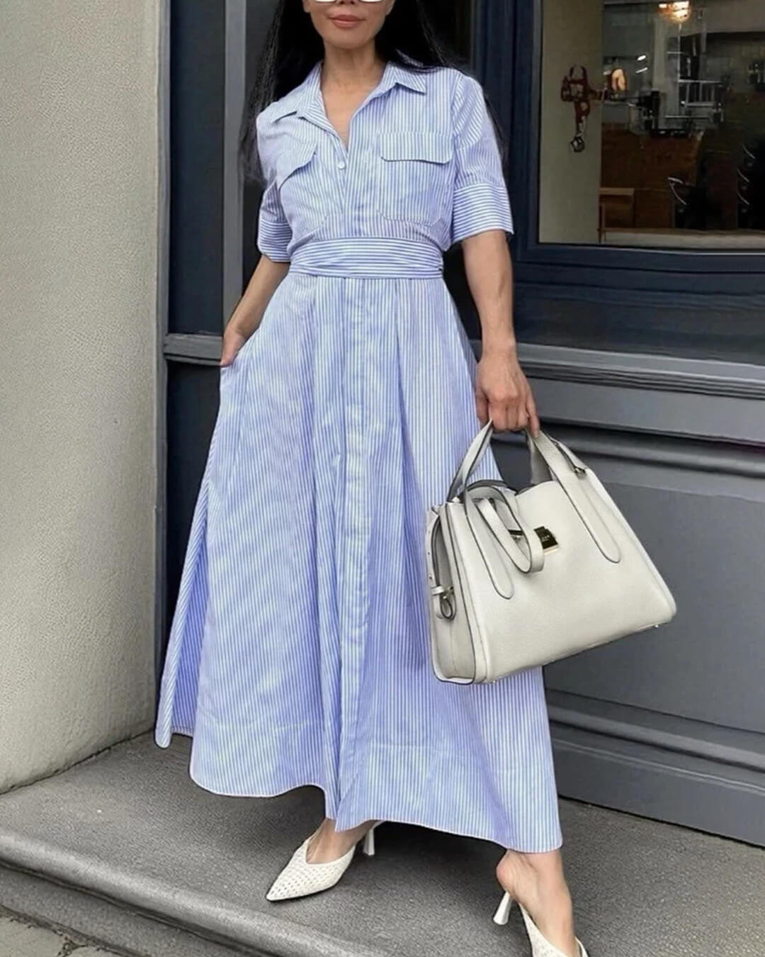 striped lace up dress Katniss Striped Lace-Up Collar Maxi Dress in Blue, Modern Collar detail dress, go-to brunch outfit, stunning Maxi for events, women's dress, SOERA