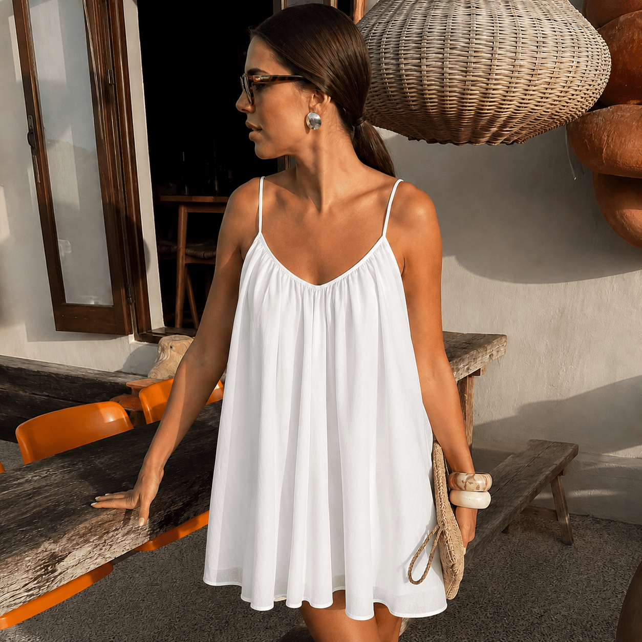 Lavinia Spaghetti Strap Flowy Mini Dress in White, summer 2026 dress, Flowy Mini dress, Spaghetti Strap dress, women's dress, SOERA