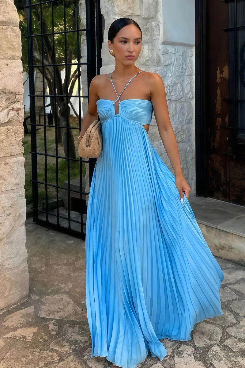 cut out pleated maxi dress Andra Blue Pleated Maxi Dress with Cutout Detail