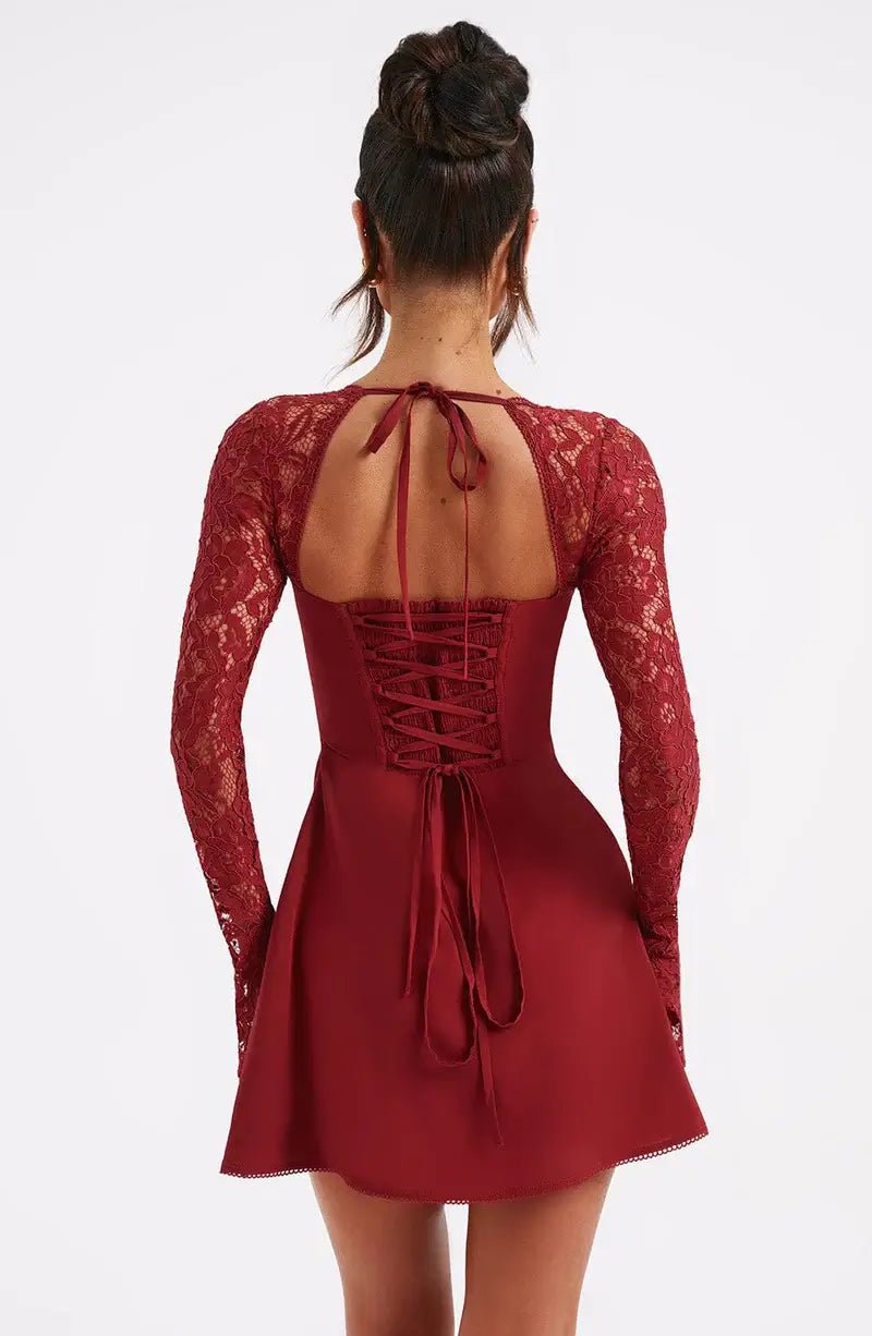 Louise Mini Dress with Lace details in red, Women's Mini Dress with Lace Details, Satin Romantic Elegant Short Dress, SOERA Louise Mini Dress with Lace details in red, Women's Mini Dress with Lace Details, Satin Romantic Elegant Short Dress, SOERA