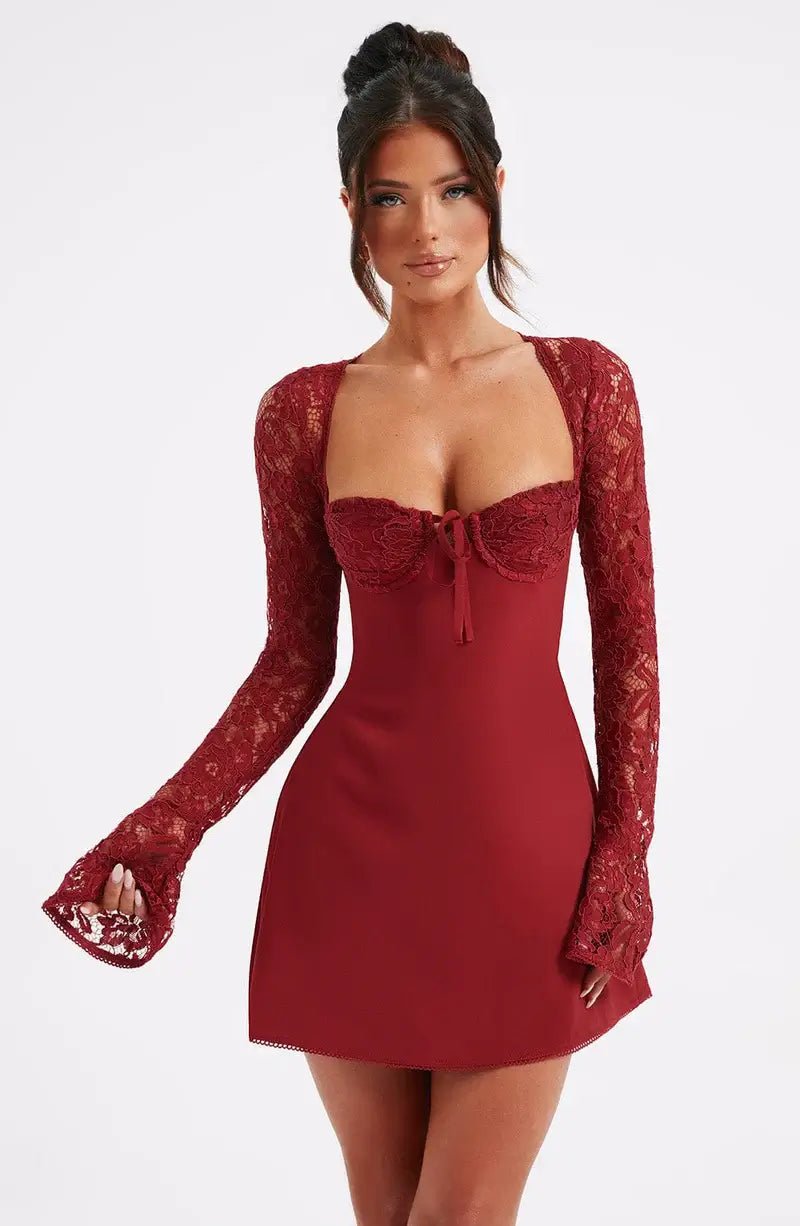 Louise Mini Dress with Lace details in red, Women's Mini Dress with Lace Details, Satin Romantic Elegant Short Dress, SOERA Louise Mini Dress with Lace details in red, Women's Mini Dress with Lace Details, Satin Romantic Elegant Short Dress, SOERA