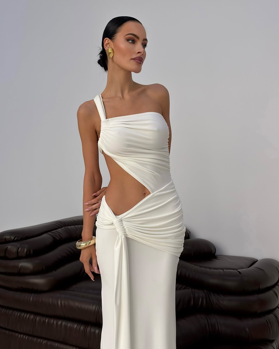 Mirelle One-Shoulder Cut-Out Maxi Dress in White, Women's One-Shoulder Cut-Out Maxi Dress, Modern Statement Evening Dress for Women, SOERA