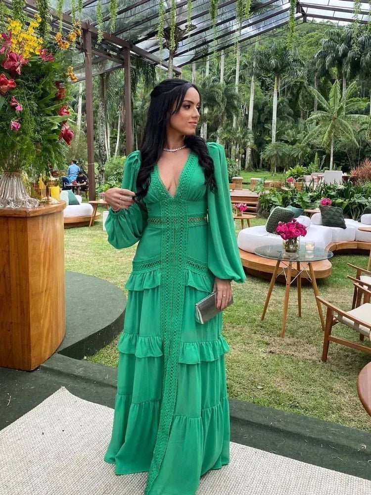 Beatrice V-Neck Ruffle Maxi Dress in Green, Women's V-Neck Ruffle Maxi Dress, Cascading Ruffles, Romantic Formal Evening Wear, Size S, SOERA
