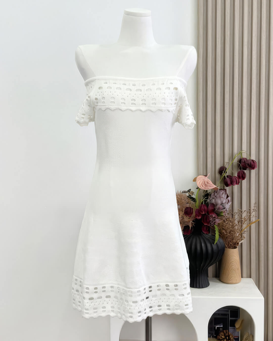 Morgan Off-Shoulder Crochet Mini Dress – SOERA