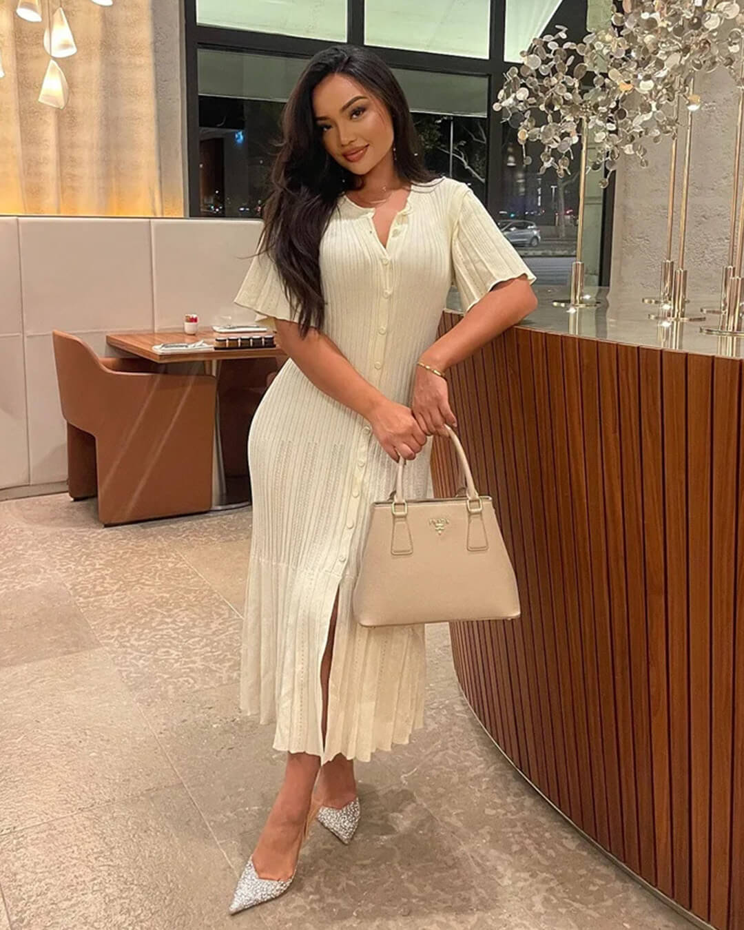 beige bodycon dress outfit Bodycon Sweater Dress Beige Ribbed Dress Beige Open Twist Back Knit Midi Dress Karrah Rebellious Fashion