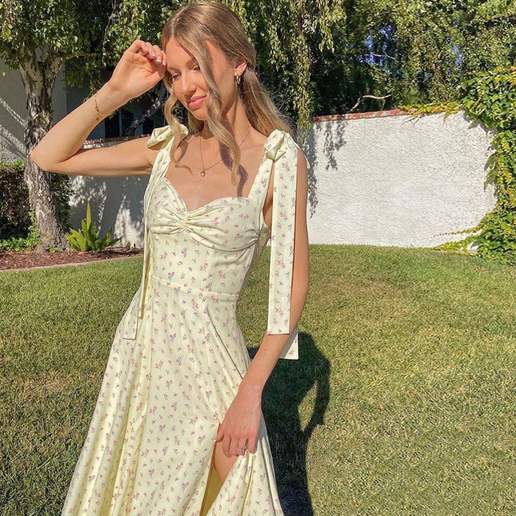 Natalie Floral High Slit Midi Dress in Yellow, Women's Floral Midi Dress, High Slit Bustier Style, Shoulder Ties Summer Dress, SOERA Natalie Floral High Slit Midi Dress in Yellow, Women's Floral Midi Dress, High Slit Bustier Style, Shoulder Ties Summer Dress, SOERA