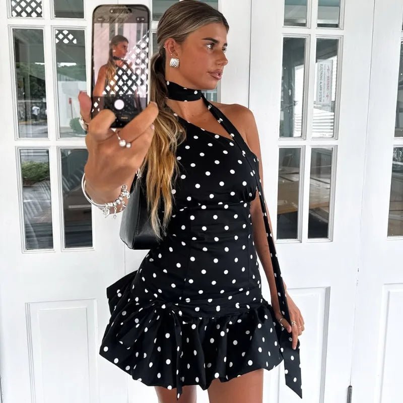 Nina One Shoulder Polka Dot Mini Dress in White Polka Dot, Women's One-Shoulder Polka Dot Mini Dress, Asymmetrical Neckline, Summer Party Wear, SOERA