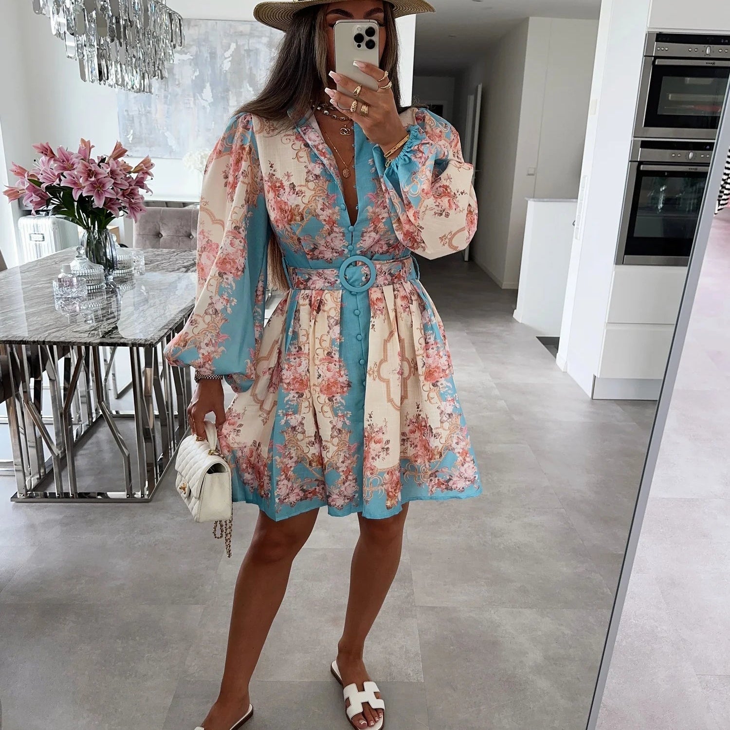 belted floral print midi dress Belted Floral Print Midi Dress