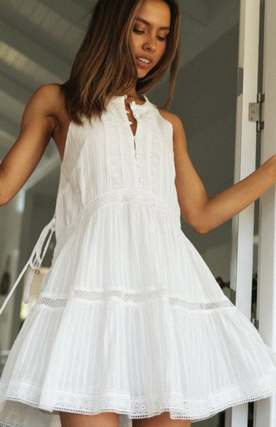 Shelby Boho Sleeveless Mini Dress in White, flowy Boho dress, chic casual dress, Beach vacation dress, women's dress, SOERA