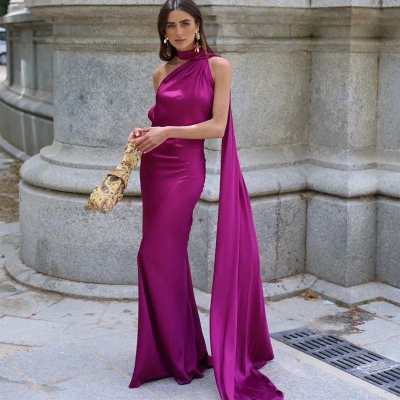 Suri Satin Cape Dress in Black, Women's Satin Cape Maxi Dress, Adjustable Tie-Strap Evening Gown for Women, SOERA