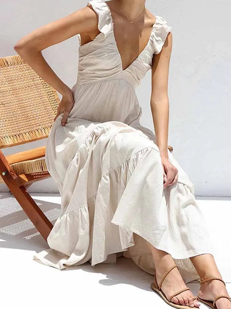 SOERA Tahlia Ruffle Cotton Linen Maxi Dress - Dresses -  Beige S