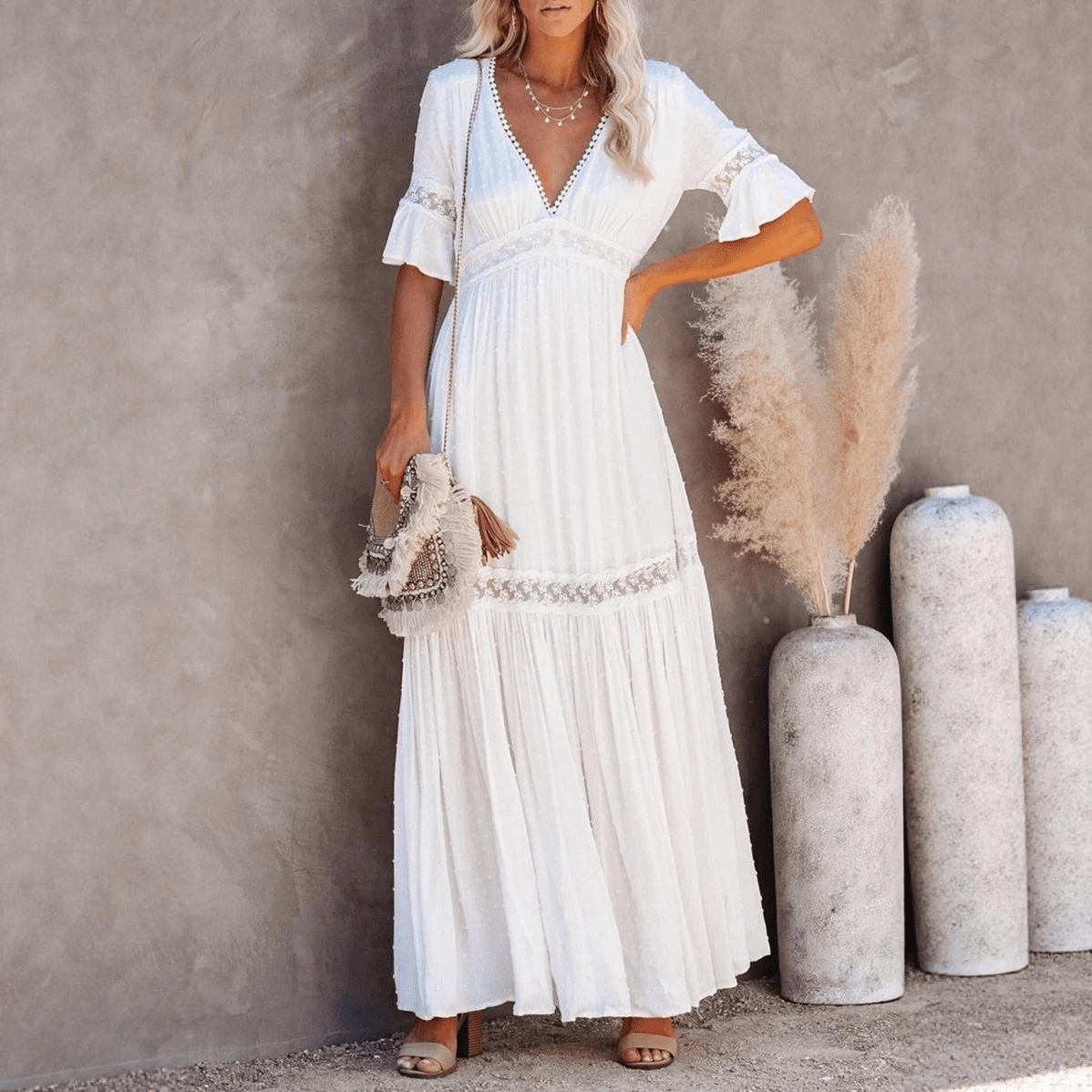 SOERA Winona Lace V - Neck Midi Dress - Dresses - 1005008576606072-;ea1776146840072911023 White M