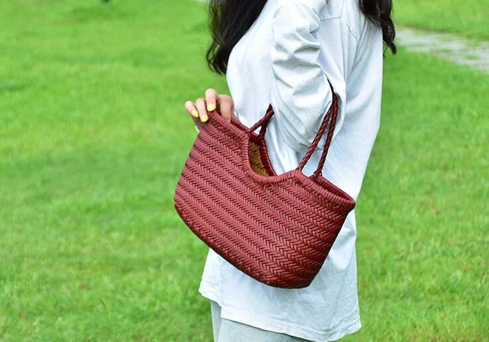 SOERA Beatrice Woven Leather Tote Bag - Handbags -  Burgundy Small