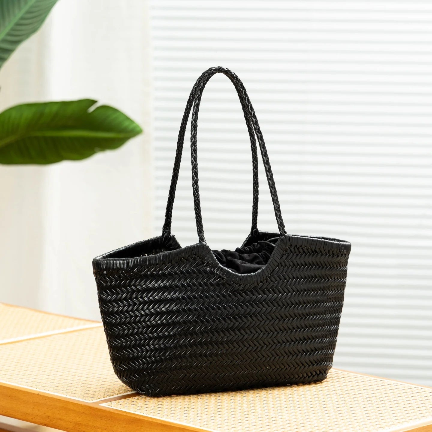 SOERA Bianca Handwoven Leather Tote Bag - Handbags -  Black Large