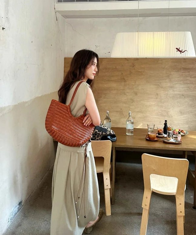 SOERA Bianca Handwoven Leather Tote Bag - Handbags -  Coffee Large