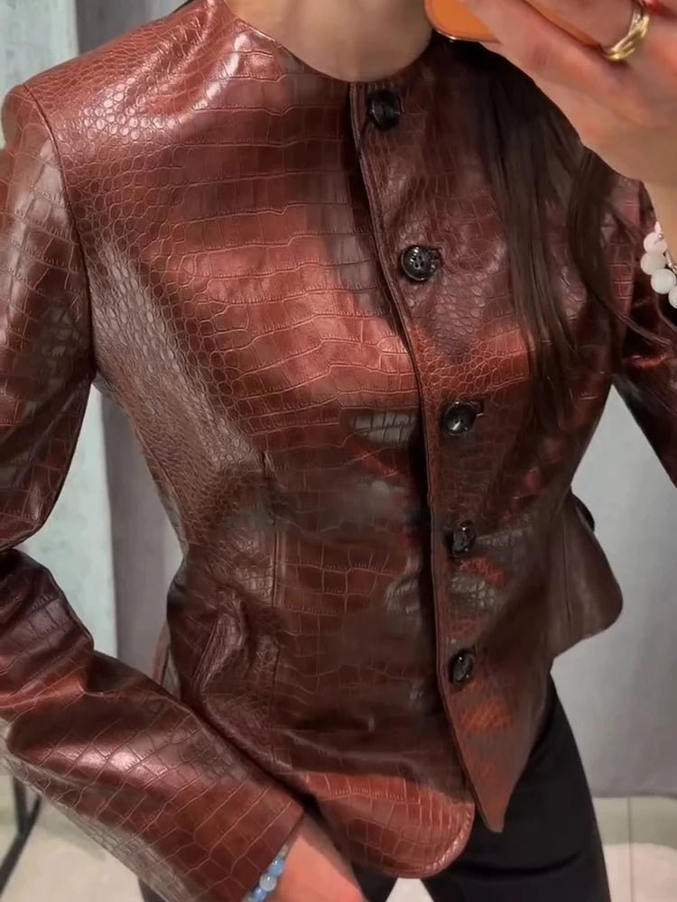 SOERA Sandra Croc Embossed Faux Leather Jacket - Jacket - SOERA-971523-BRO-S-58371 Brown S