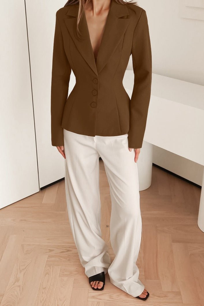 SOERA Vivienne Fitted V - Neck Padded Shoulder Blazer - Jacket -  Brown M