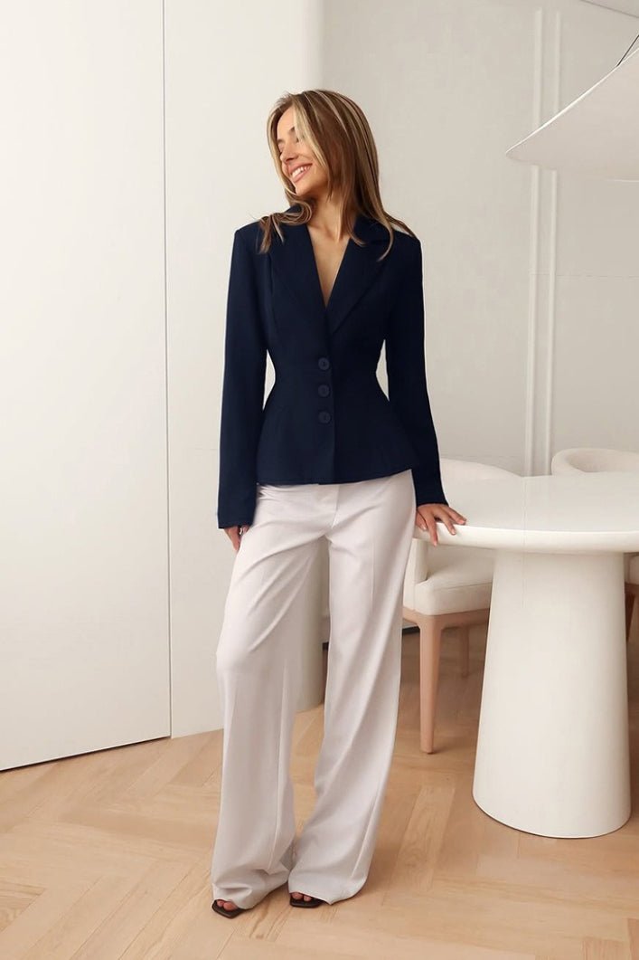 SOERA Vivienne Fitted V - Neck Padded Shoulder Blazer - Jacket -  Navy L