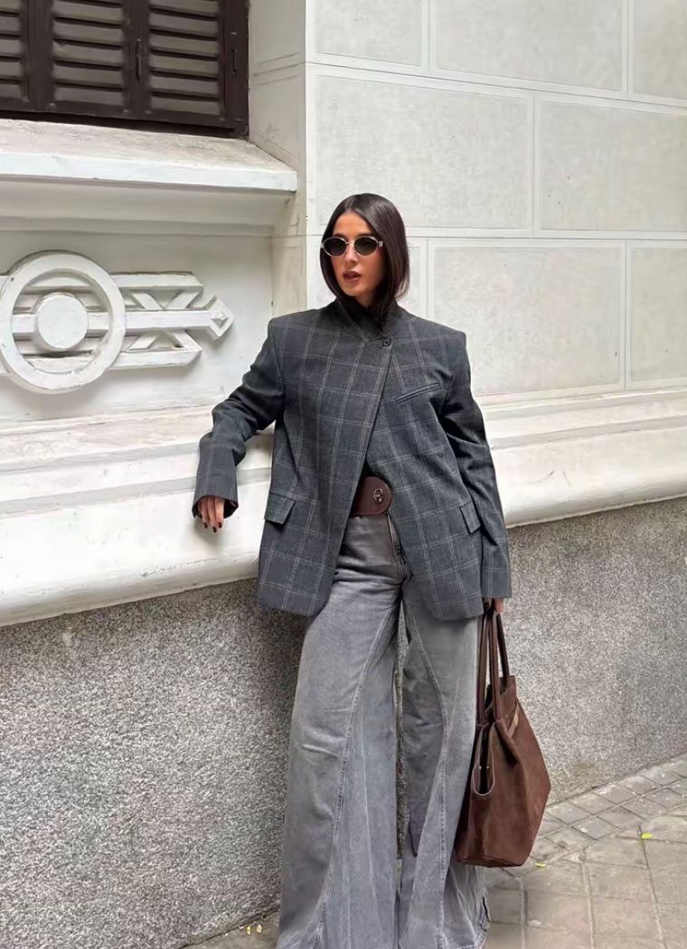 SOERA Aurelia Stand Collar Plaid Blazer - Jackets - 1005011574941904-;Pe1775244633615506813 Gray S