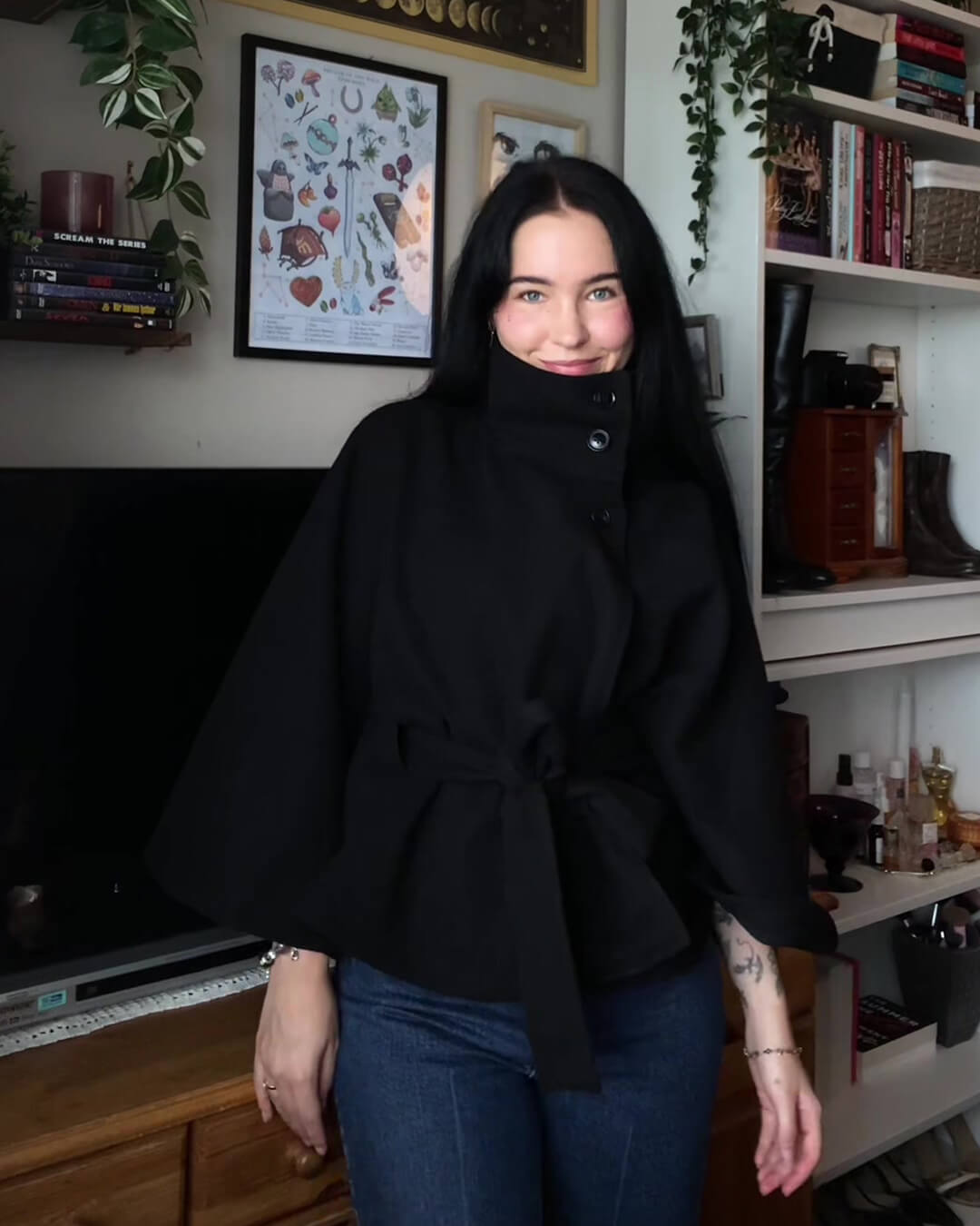 SOERA Gianna Elegant High - Neck Belted Cape Jacket - Jackets - pO1760544073334334664 Black L