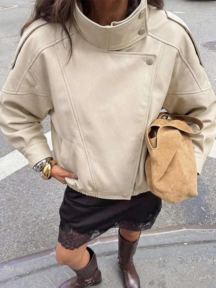 SOERA Joyce Asymmetrical Zip Faux Leather Jacket - Jackets - 1005011921437999-;bd1775031590525567676 Beige S