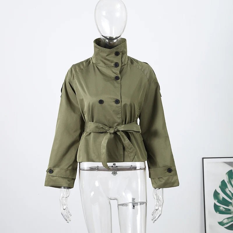 SOERA Kara Stand Collar Belted Crop Trenchcoat - Jackets - 1005009693239722-;KU1771494648618955528 Olive XS