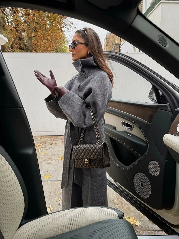 SOERA Sheryl Stand Up Collar Belted Long Coat - Jackets - rW1762345864137119046 Gray L