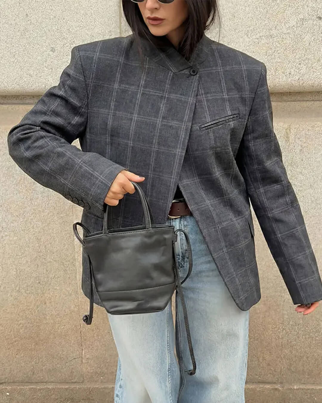 SOERA Sofia Plaid Stand Collar Blazer - Jackets -  Grey S