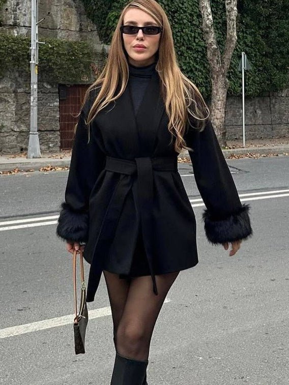 SOERA Wool Wrap Coat with Fox Fur Cuff - Jackets - 3256809512722732-;aq1766845283307337177 Short Black L