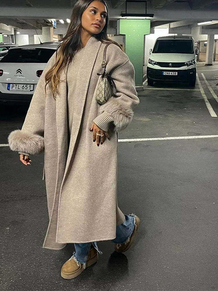 SOERA Wool Wrap Coat with Fox Fur Cuff - Jackets - 3256809512722732-;Dp1766845283308655197 Short Taupe S