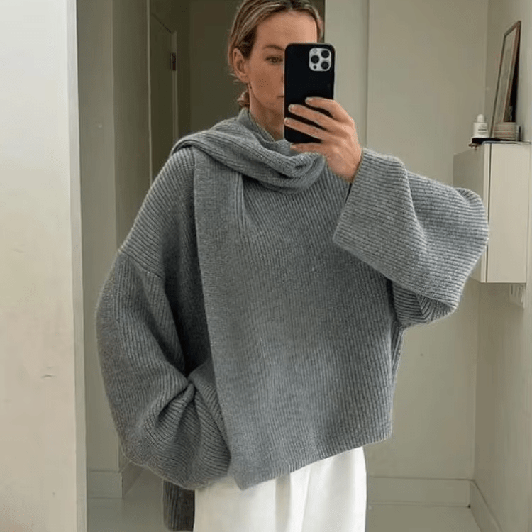 SOERA Xia Loose Knit Pullover with Scarf - Jackets - 3256809735915458-;cl1761548494741342938 Gray M