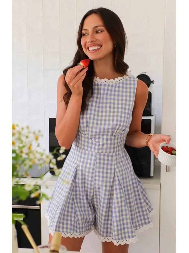 SOERA Angelina Plaid Sleeveless Wide Leg Romper - Jumpsuit -  Light Blue M