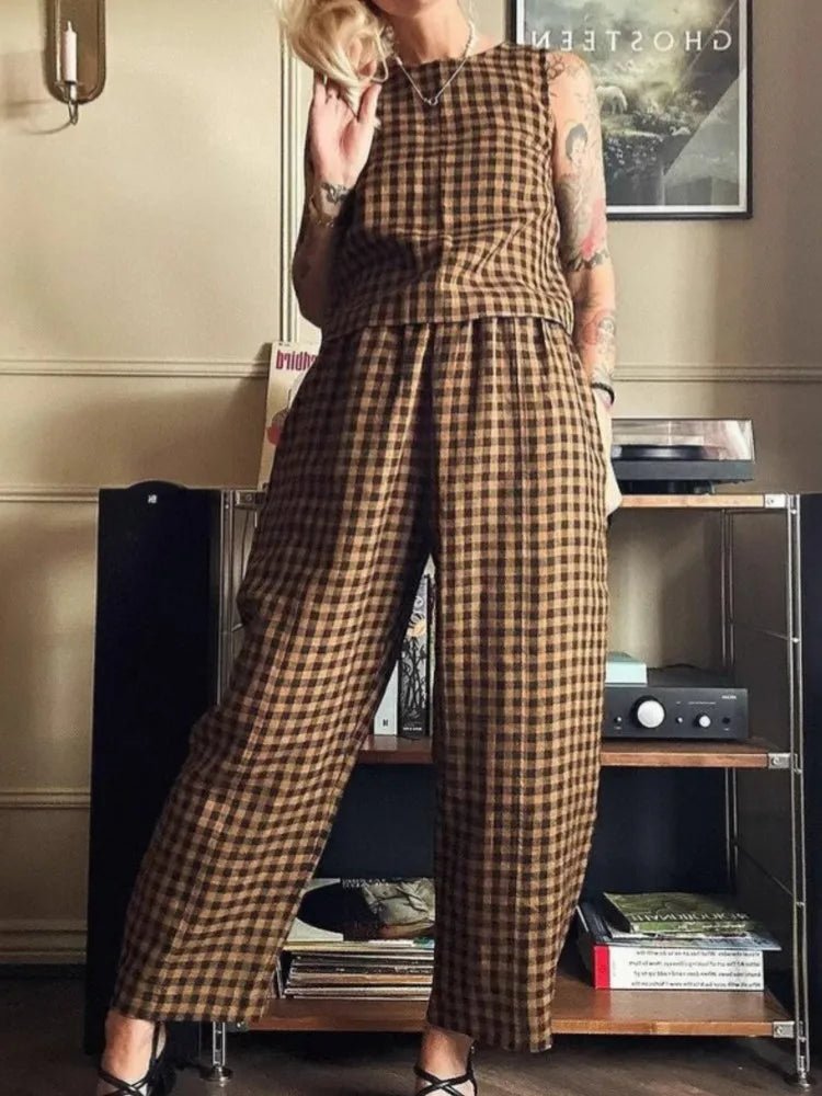 SOERA Zara Plaid Sleeveless Vest Nine Point Pants Set - Jumpsuit -  Brown S