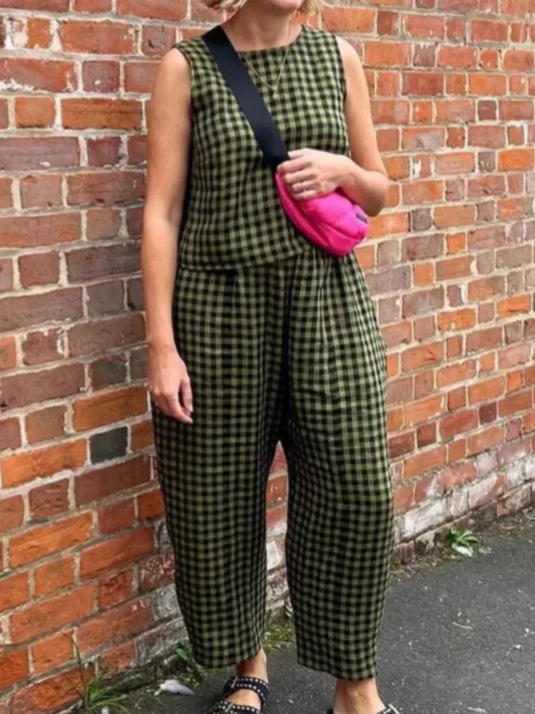 SOERA Zara Plaid Sleeveless Vest Nine Point Pants Set - Jumpsuit -  Olive S