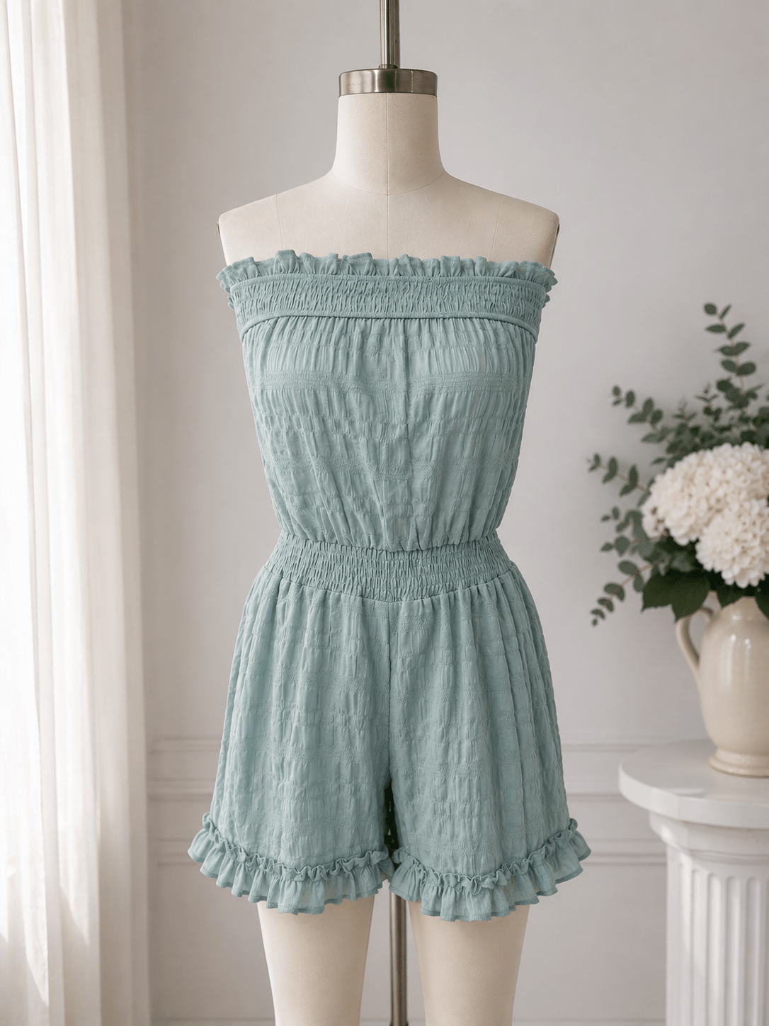 Beatrice Belted Tube Top Jumpsuit in Light Blue, Women's Strapless Tube Top Jumpsuit, Belted Waist One-Piece, Size XL, SOERA