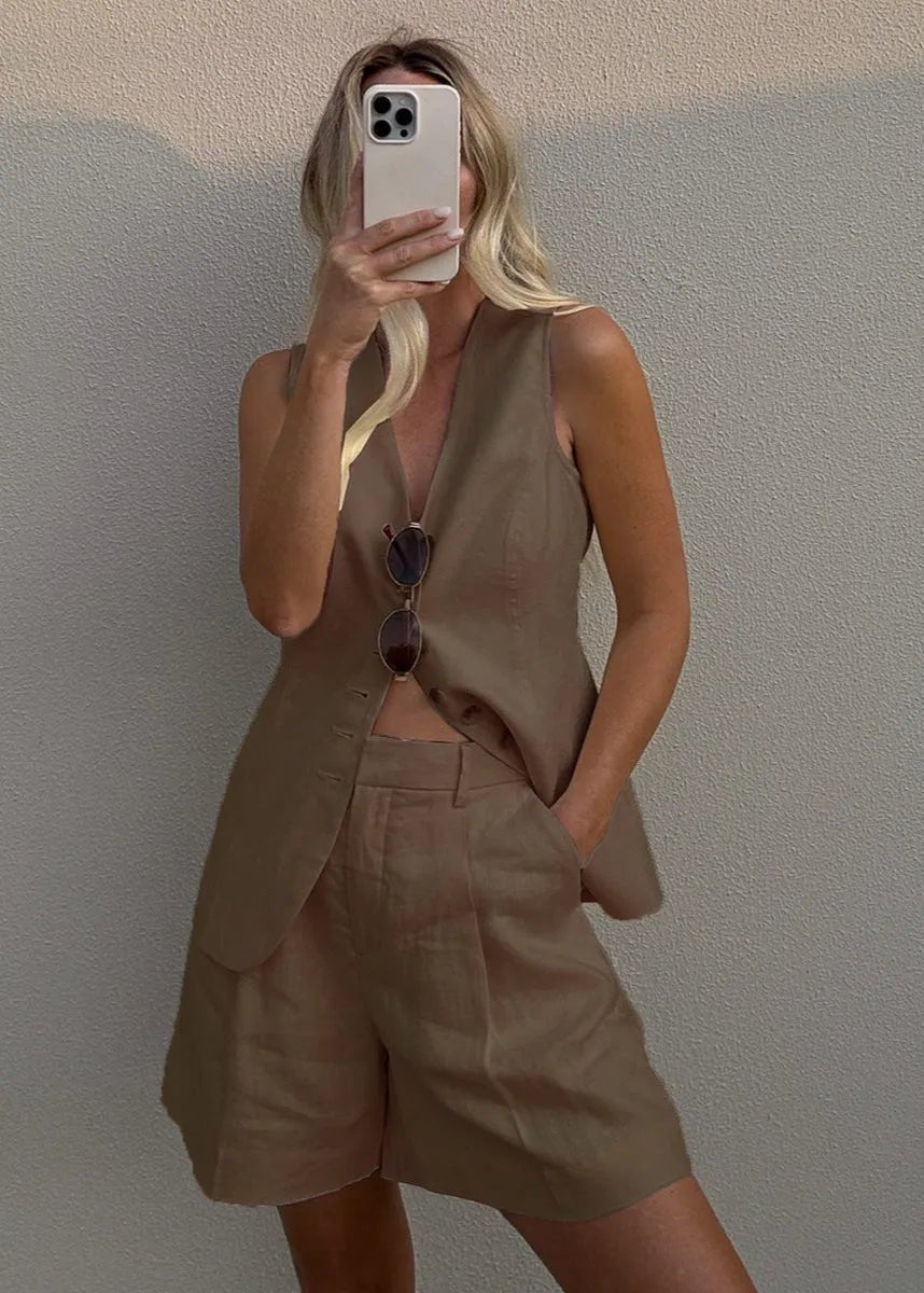 SOERA Bianca Tailored Vest and Shorts Set - Jumpsuits & Rompers -  Beige M