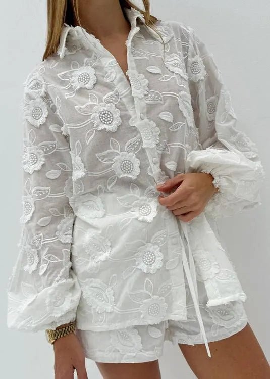 SOERA Beatrice Sheer Embroidered Shirt & High - Waist Shorts Set - Matching Sets -  L