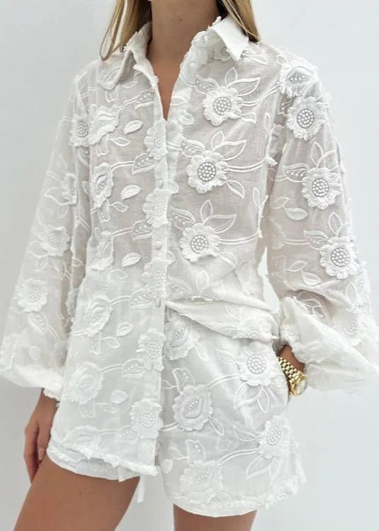 SOERA Beatrice Sheer Embroidered Shirt & High-Waist Shorts Set - Matching Sets -  M