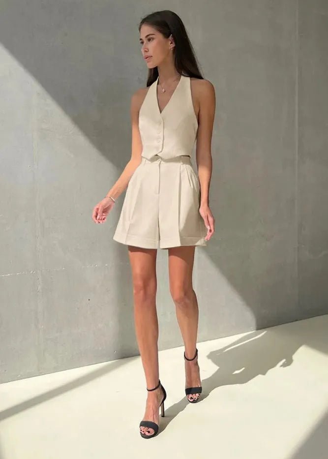 SOERA Bianca Tailored Halter Vest & Shorts Set - Matching Sets -  Beige M