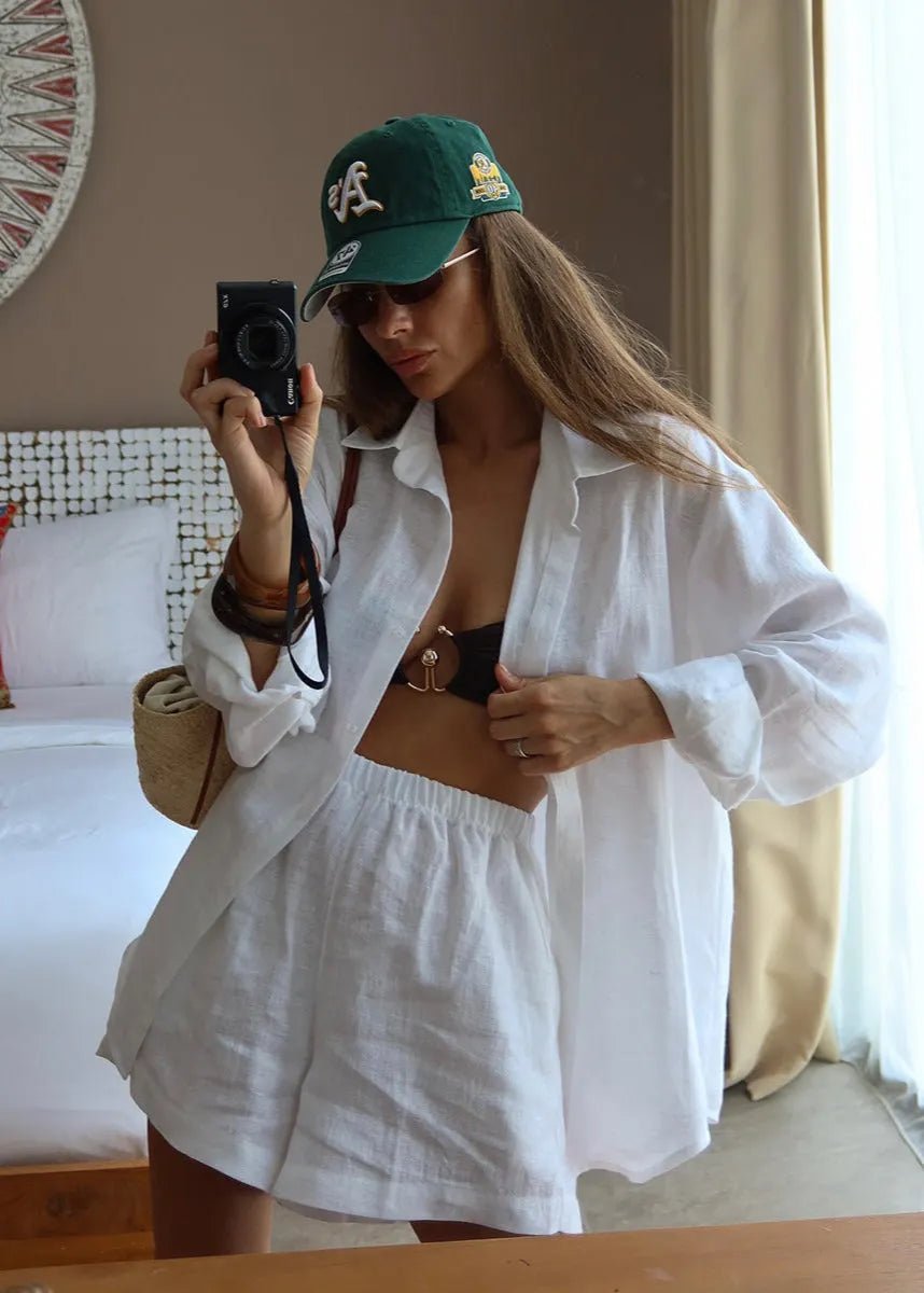 SOERA Camille White Linen Shirt and Shorts Set - Matching Sets -  White Set L