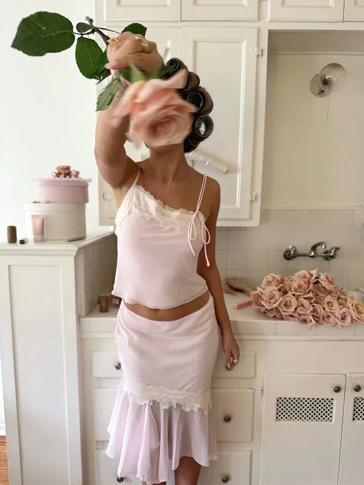 SOERA Celeste Lace - Paneled Camisole and Skirt Set - Matching Sets -  Pink L