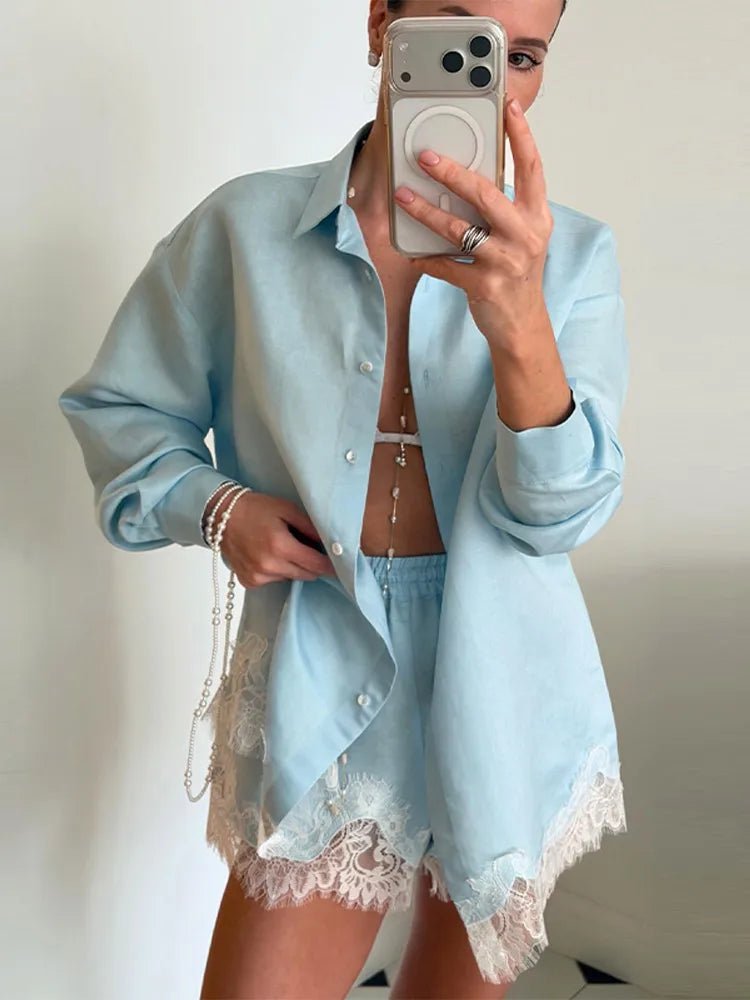 SOERA Celeste Lace Patchwork Beach Shirt Set - Matching Sets -  Blue L