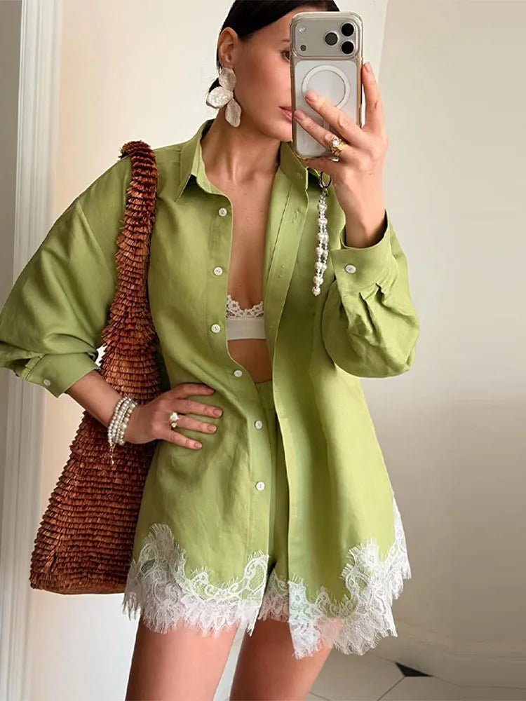 SOERA Celeste Lace Patchwork Beach Shirt Set - Matching Sets -  Blue S