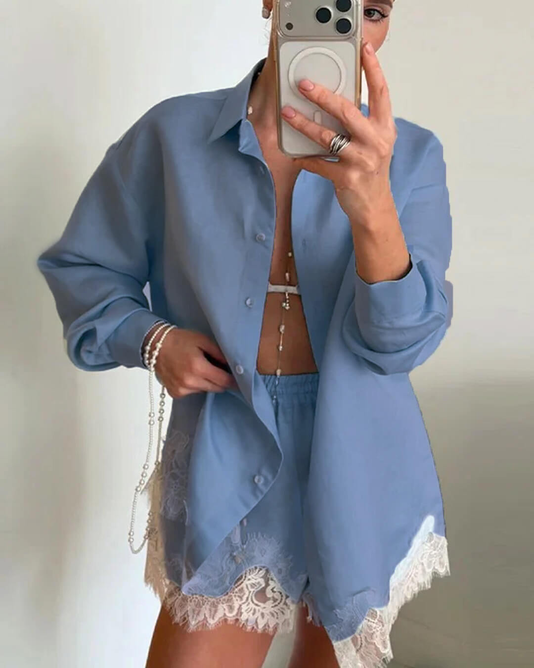Celeste Spitzen-Patchwork-Strand-Shirt-Set