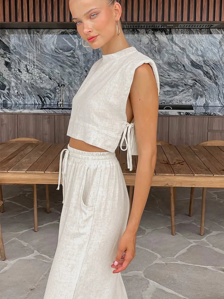 SOERA Delfina Linen Crop Top Two Piece Set - Matching Sets -  Beige S