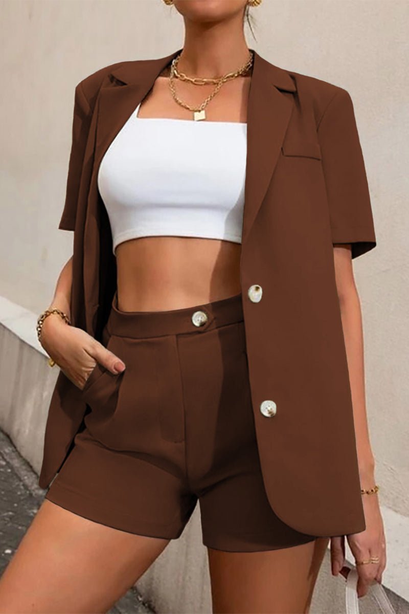 SOERA Elena Two - Piece Collared Short Sleeve Set - Matching Sets -  Brown S