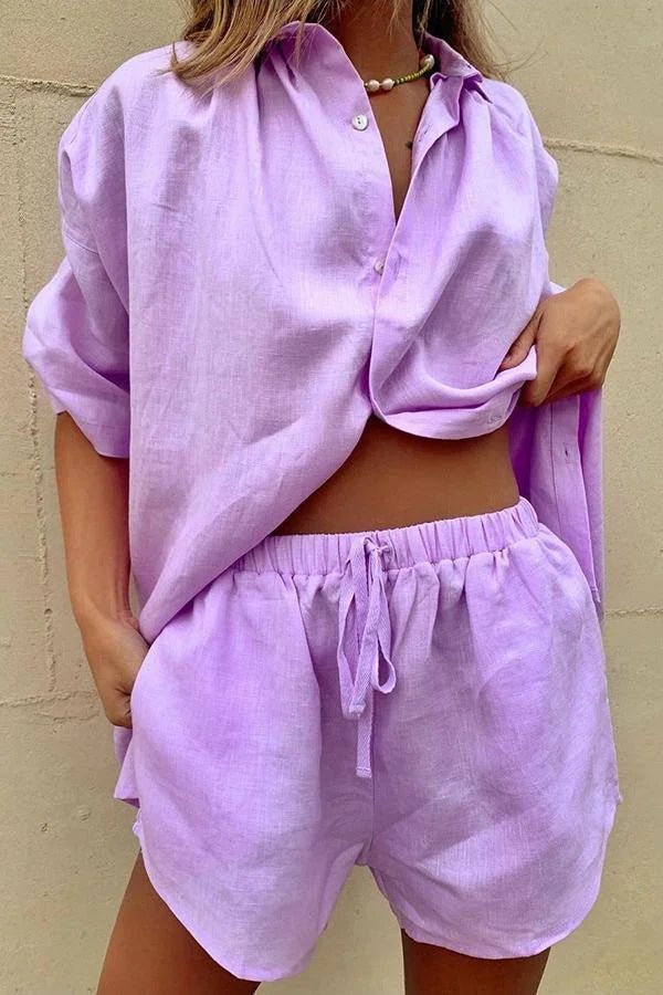 SOERA Erica Button-Down Blouse & Shorts Set - Matching Sets - 1005009100613909-;Nv1776125342985607746 Blue S