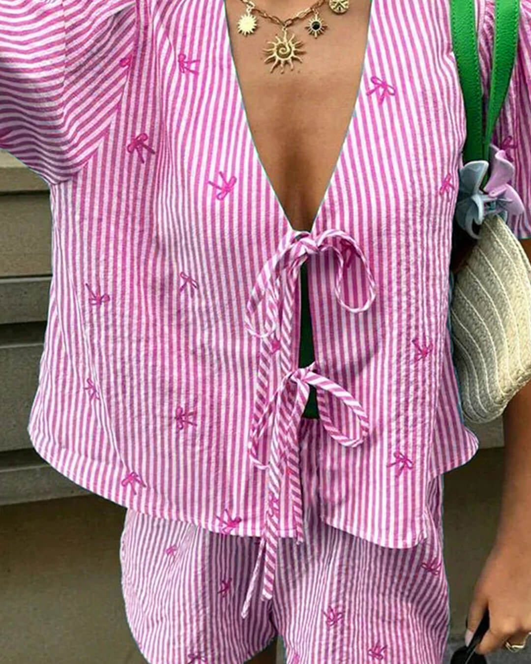 SOERA Kate Striped Tie-front Two-Piece Short Set - Matching Sets - SOERA-171075-PIN-M-16803 Pink Set M